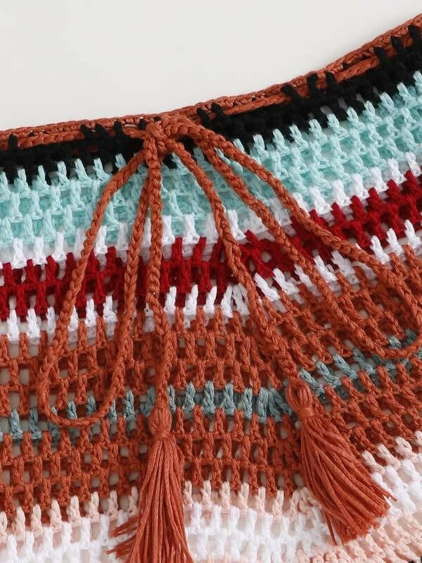 Shein Fringe Tie Waist Striped Crochet Cover Up Shorts