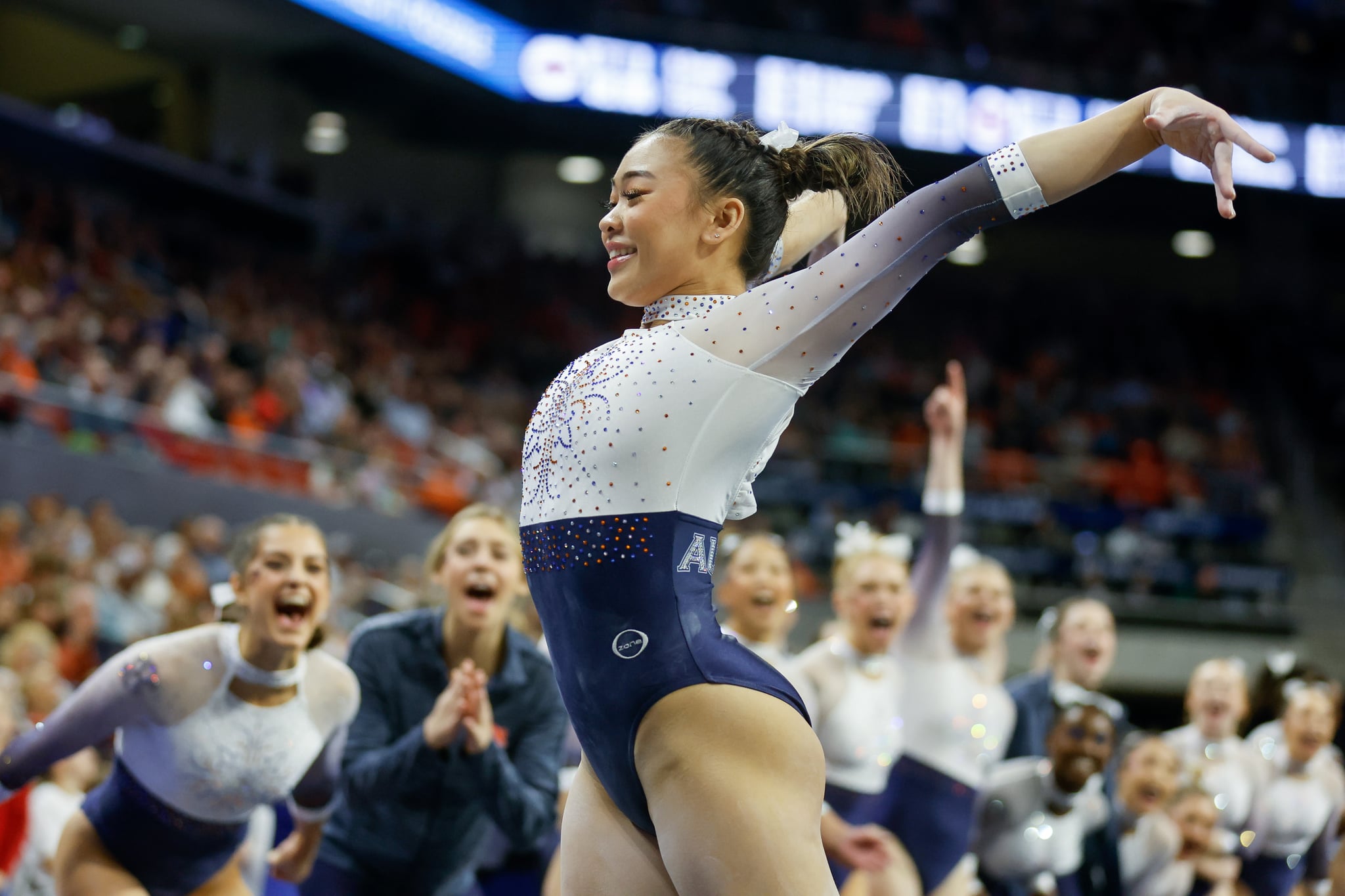 AUBURN, AL - JANUARY 20: Sunisa Leeof Auburn competes on the floor during a meet against Arkansas at Neville Arena on January 20, 2023 in Auburn, Alabama. (Photo by Stew Milne/Getty Images)