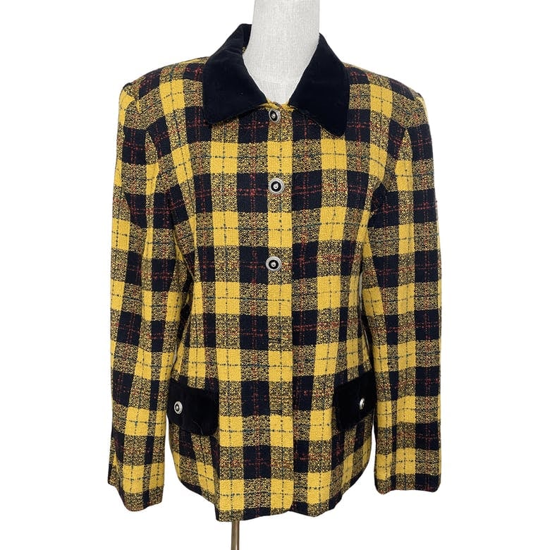 Plaid Yellow and Black Blazer by Leslie Fay