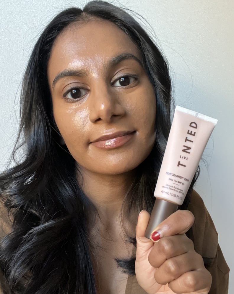Woman wearing the Live Tinted Hueguard Skin Tint SPF 50 Mineral Sunscreen.