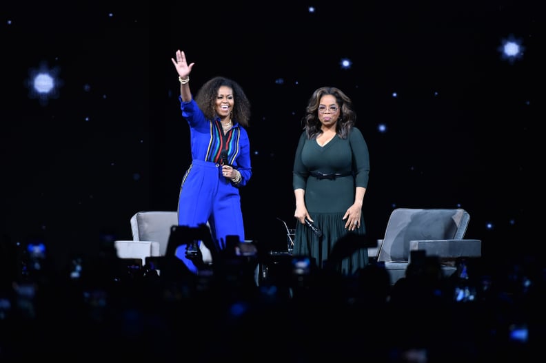 NEW YORK, NEW YORK - FEBRUARY 08: Michelle Obama and Oprah Winfrey during Oprah's 2020 Vision: Your Life in Focus Tour presented by WW (Weight Watchers Reimagined) at Barclays Center on February 08, 2020 in New York, New York. (Photo by Theo Wargo/Getty I