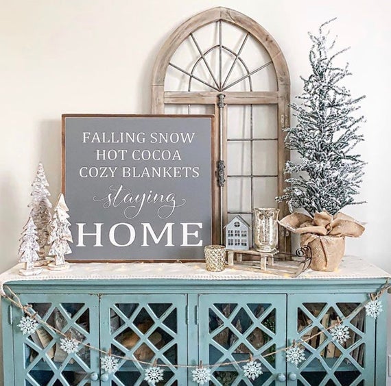 Falling Snow Hot Cocoa Cosy Blankets Staying Home Painted Wood Sign