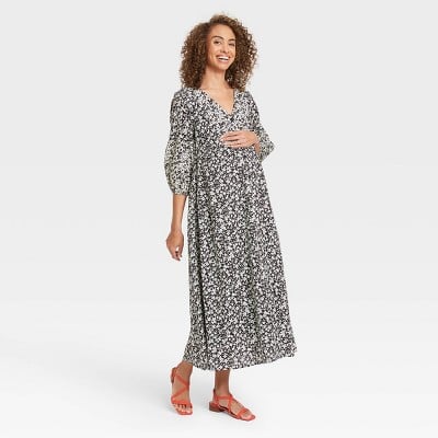 The Nines by HATCH Floral Print Sleeve Button-Front Poplin Maternity Dress