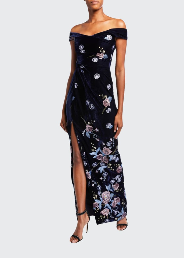 Marchesa Notte Off-the-Shoulder Floral Embroidered Velvet Gown