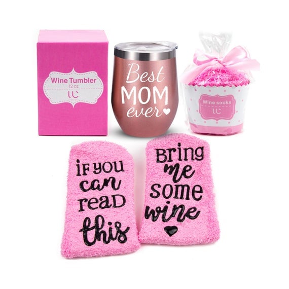 Best Mom Ever Wine Tumbler and Cupcake Mom Socks