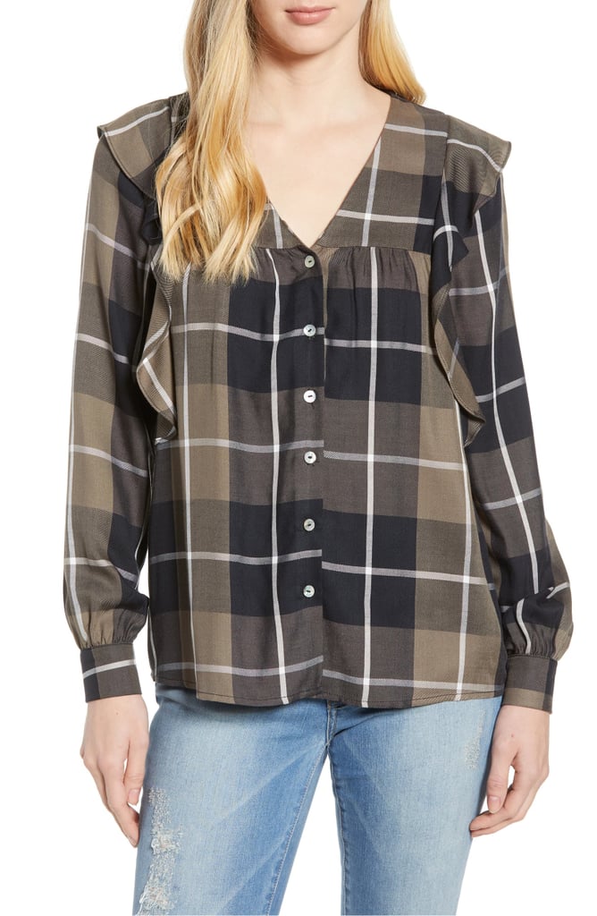 Bobeau Ruffled Plaid Shirt