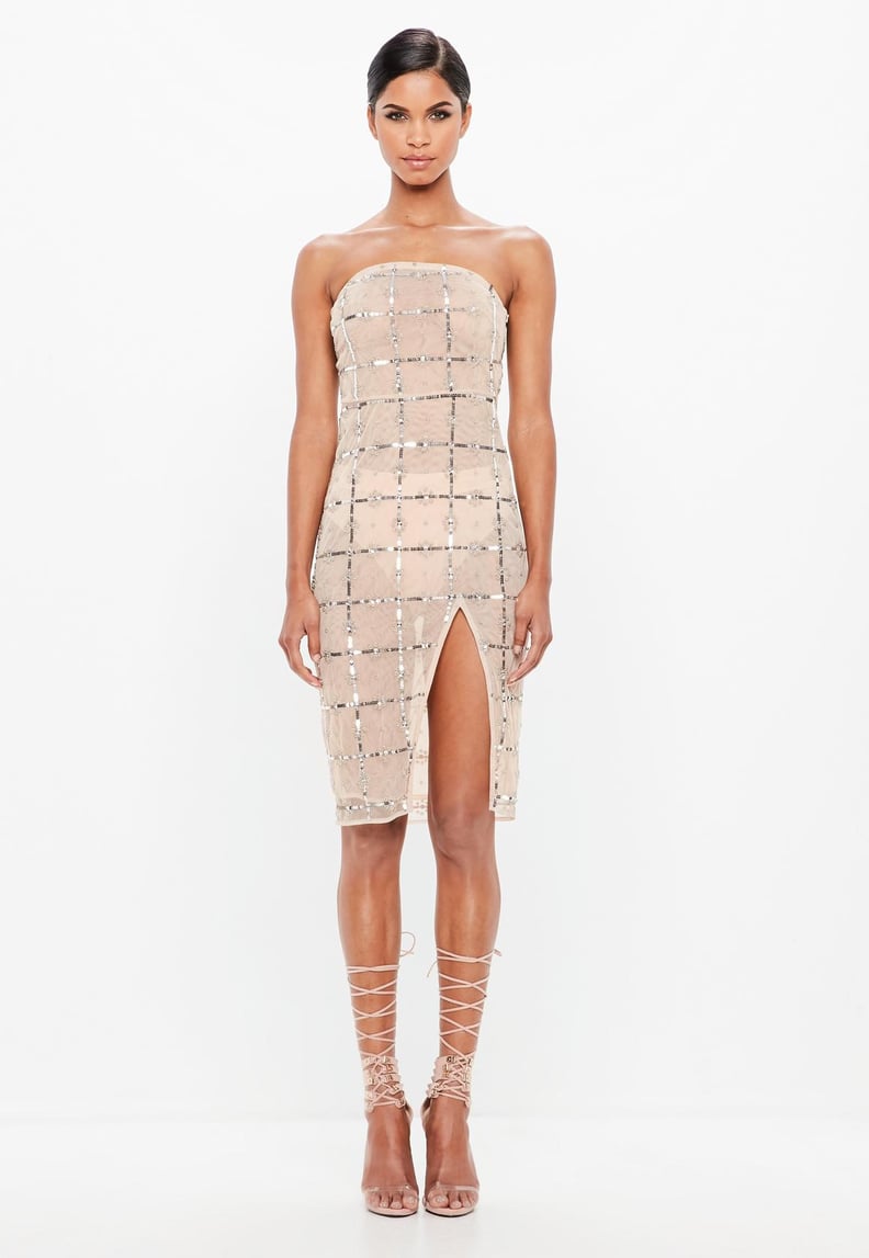 Missguided Peace + Love Nude Grid Embellished Dress