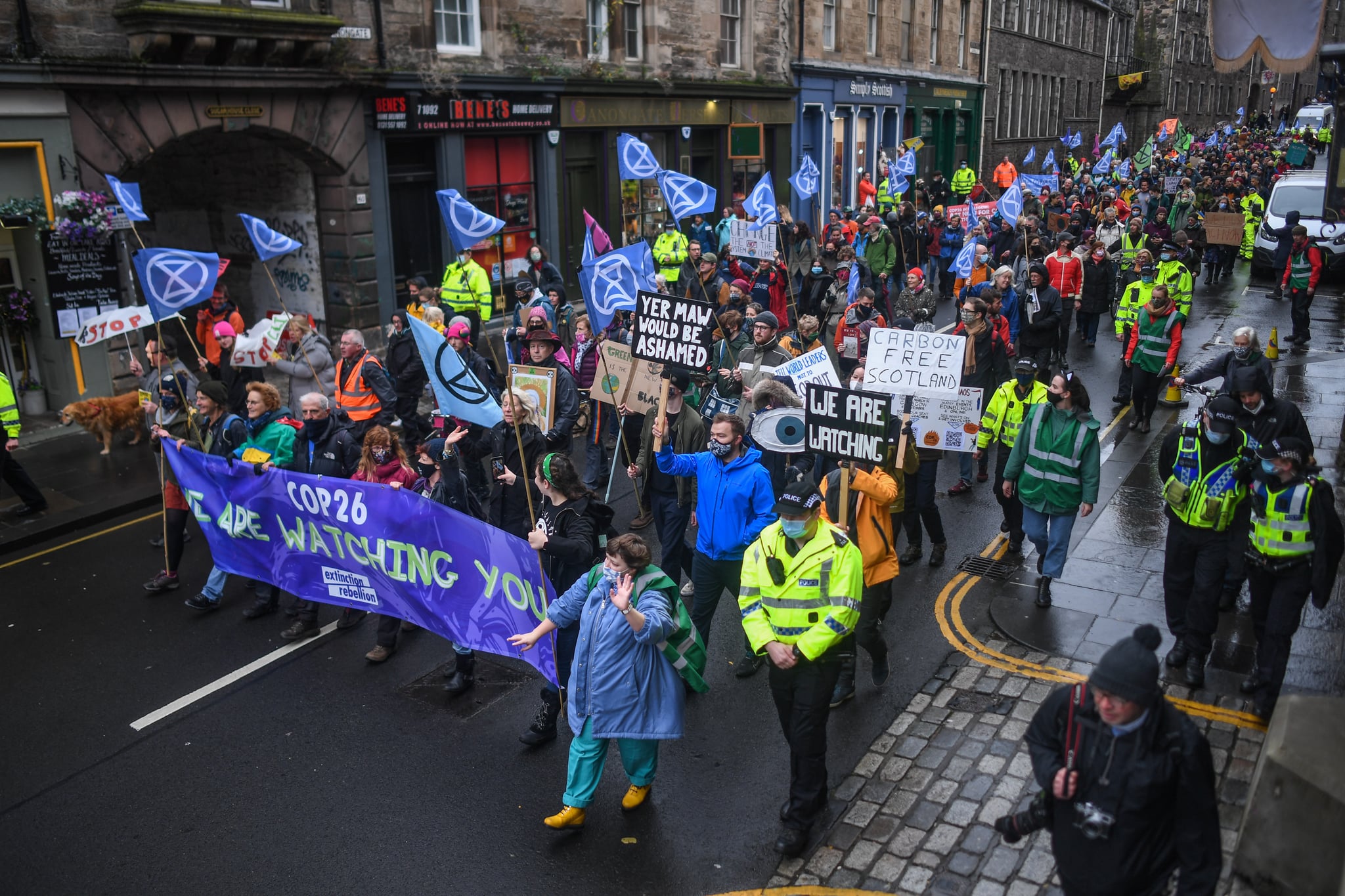 EDINBURGH, SCOTLAND - OCTOBER 31: Extinction Rebellion activists are seen protesting on October 31, 2021 in Edinburgh, United Kingdom. As World Leaders meet to discuss climate change at the COP26 Summit, many climate action groups have taken to the streets to protest for real progress to be made by governments to reduce carbon emissions, clean up the oceans, reduce fossil fuel use and other issues relating to global heating. (Photo by Peter Summers/Getty Images)