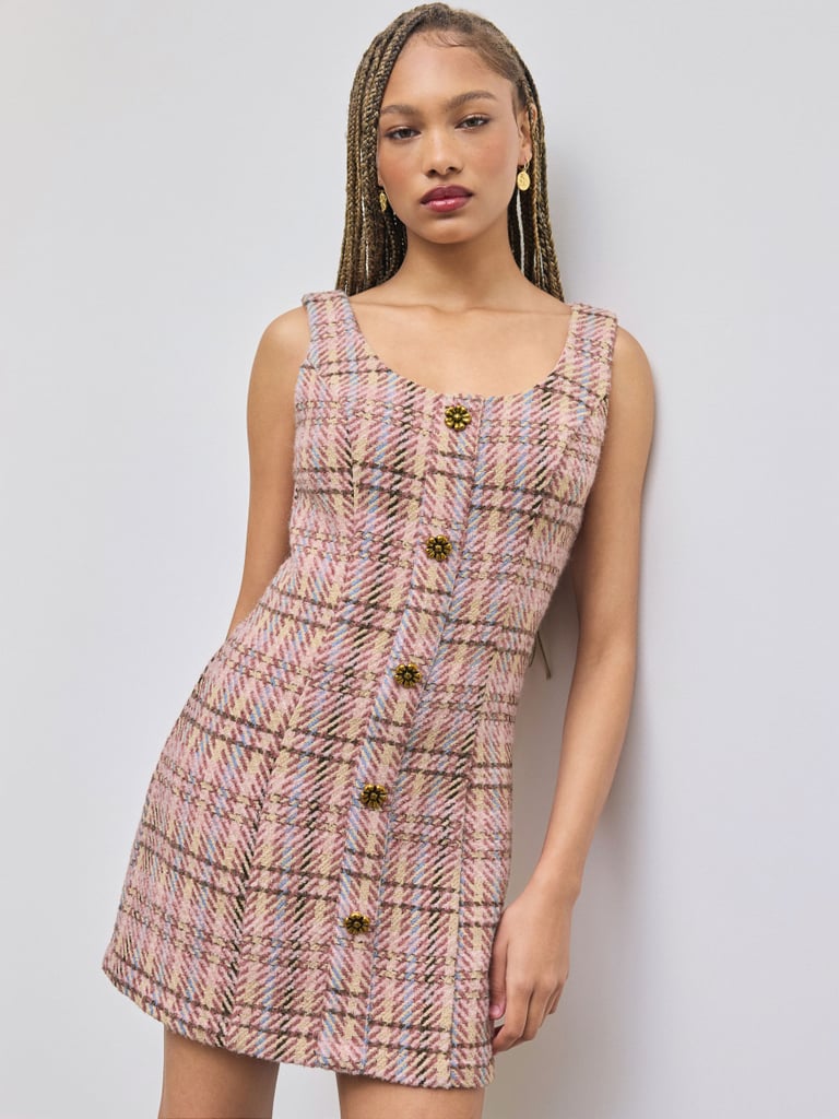 Cider Tweed Scoop Neckline Flower Button Mini Dress