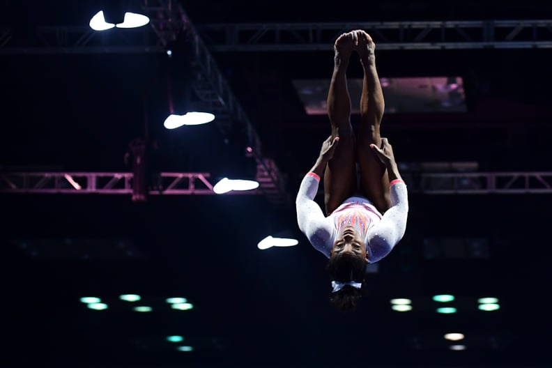 INDIANAPOLIS, INDIANA - MAY 22: Simone Biles lands the Yurchenko double pike while competing on the vault during the 2021 GK U.S. Classic gymnastics competition at the Indiana Convention Center on May 22, 2021 in Indianapolis, Indiana. Biles became the fi