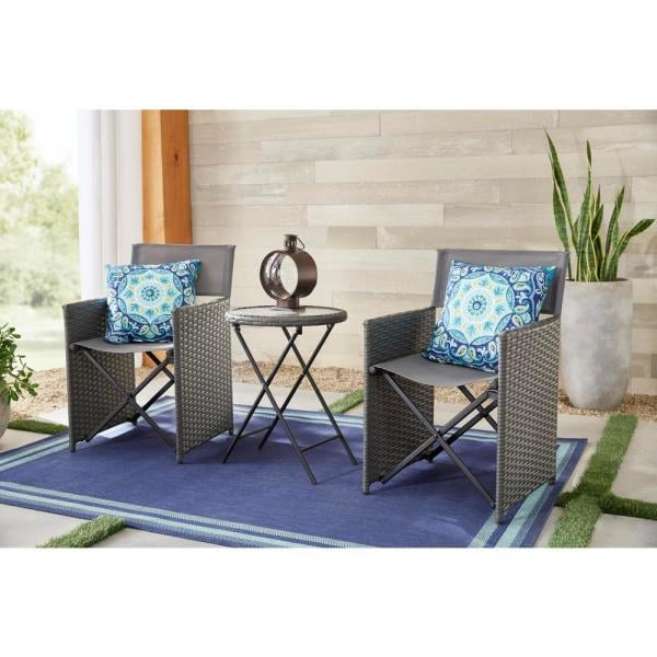 Hampton Bay Montrose 3-Piece Grey Folding Wave Outdoor Patio Glass Bistro Set