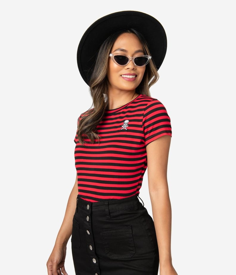 Sourpuss Red and Black Stripe Jolly Roger Knit Top
