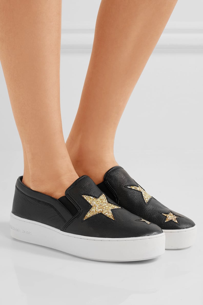 MICHAEL Michael Kors Pia Glittered Textured-Leather Slip-On Sneakers