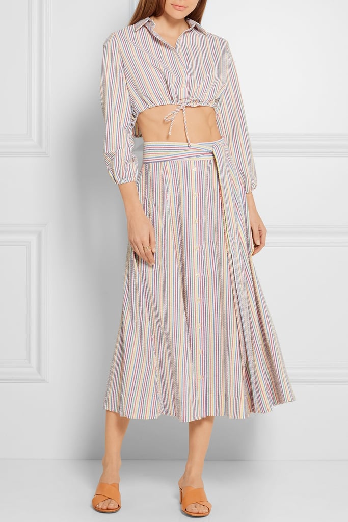 Lisa Marie Fernandez Cropped Stripped Seersucker Shirt ($365) and Striped Seersucker Midi Skirt ($465)