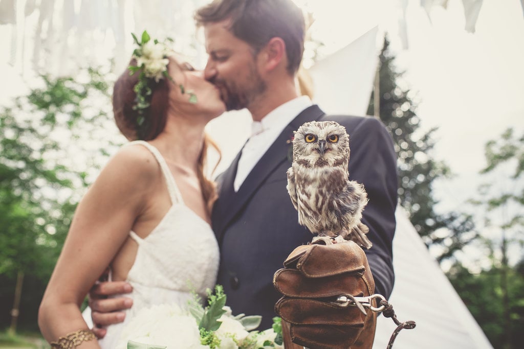 Nothing screams unique fairytale more than a groom arriving via canoe, bridal portraits in a fir forest, and a tiny little owl as the ring bearer. For Violaine and Gaetan, that's exactly how they celebrated their special day. Luckily for us, photographer Bonnallie Brodeur captured all the excitement, and POPSUGAR Love & Sex is rounding up the best moments so you can see how the couple's dream wedding became a reality.