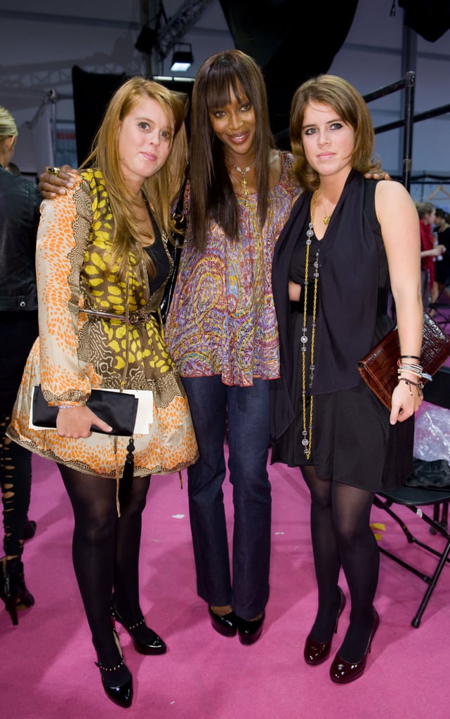 Princess Eugenie and Princess Beatrice posed with Naomi Campbell at London Fashion Week in September 2008.