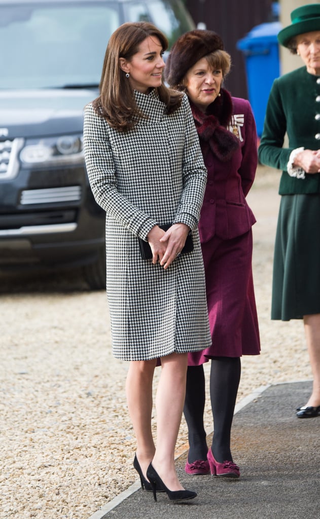 Kate Middleton Wearing Houndstooth Coat and Blue Dress | POPSUGAR Fashion