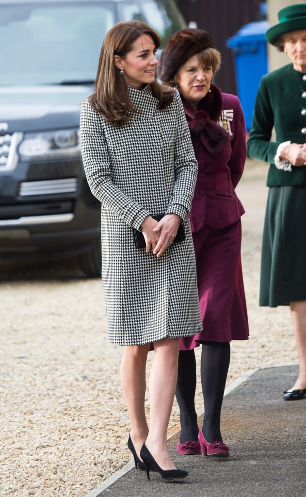 Kate Middleton Wearing Houndstooth Coat and Blue Dress