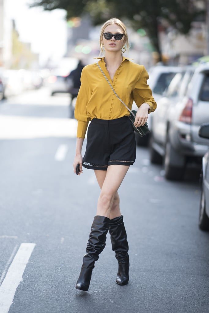 Style a Mustard Yellow Top With Shorts and Knee-High Boots