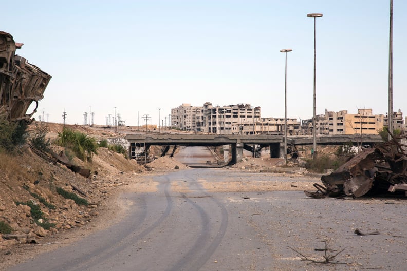 The main road that humanitarian aid trucks use to deliver food in the besieged city of Aleppo.