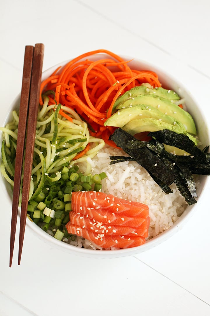 Spiralized Sushi Bowl With Salmon Sashimi and Ginger Miso Dressing