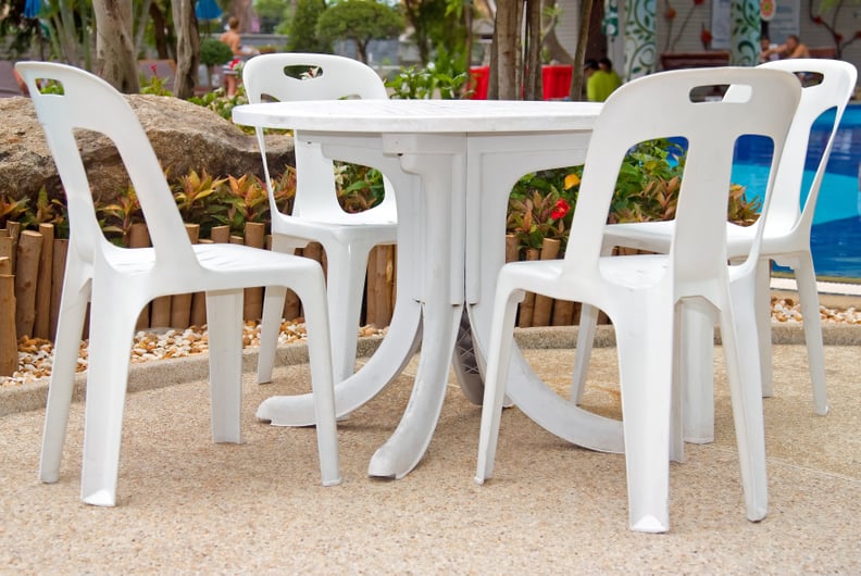 Cut the legs off old plastic chairs to make poolside chairs.