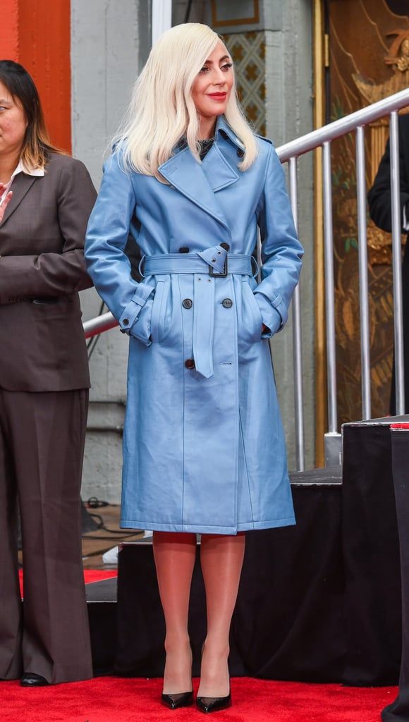 Lady Gaga Blue Leather Trench Coat