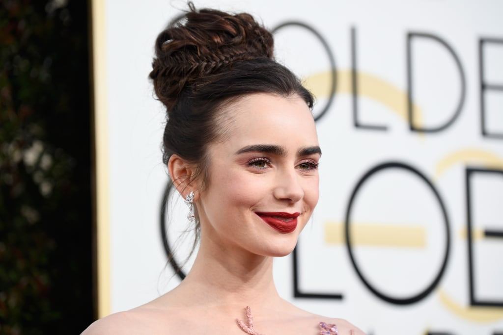 Lily Collins Hair and Makeup at the 2017 Golden Globes