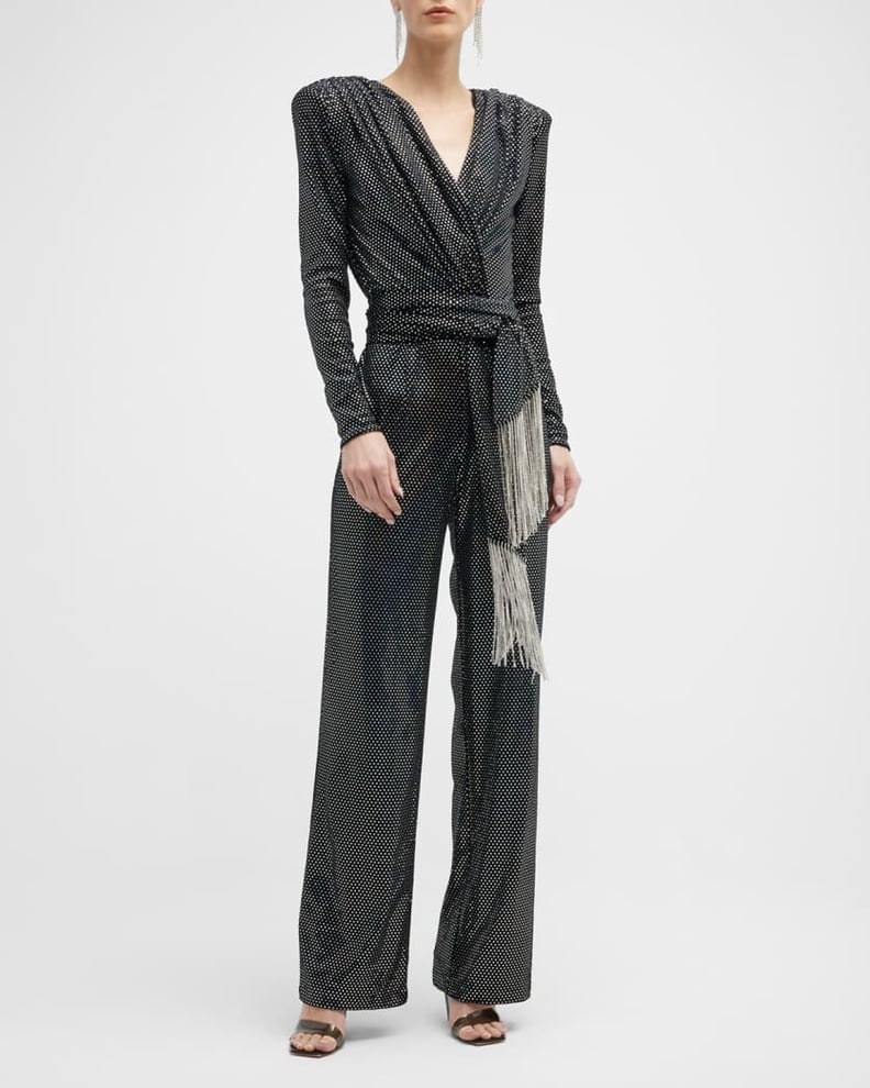 Bronx and Banco Starlight Fringe-Sash Strong-Shoulder Sequin Jumpsuit