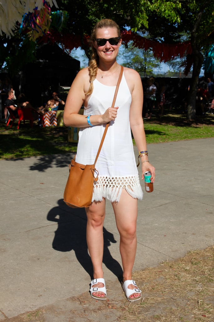 Birkenstocks still reign supreme at music festivals! So do crocheted dresses and bucket bags, like this tan one from Baggu.