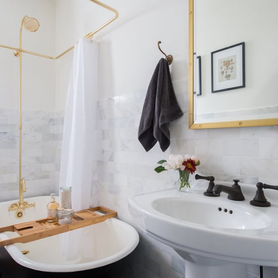 Black-and-White Bathroom With Brass Shower
