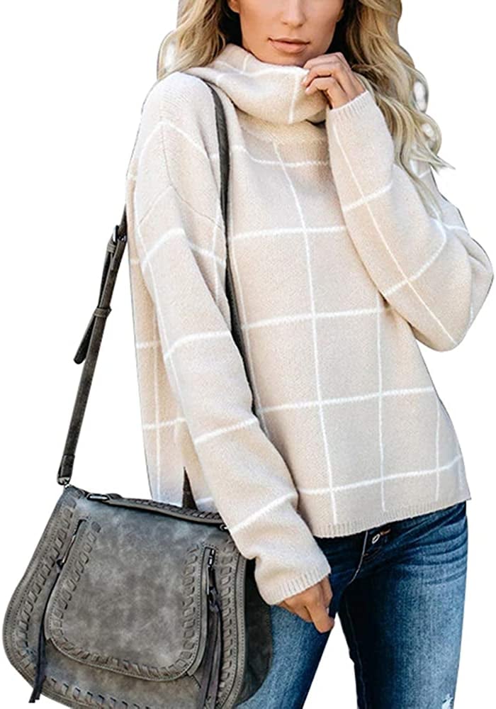 Etcyy Turtleneck Plaid Pullover Sweater High-Low Slit