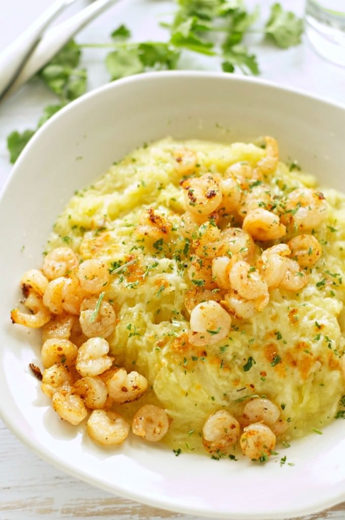 Slow-Cooker Creamy Basil Pesto Spaghetti Squash With Garlic Butter Shrimp