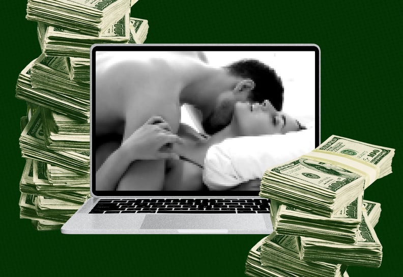 pixelated photo of adult film scene on a computer surrounded by cash