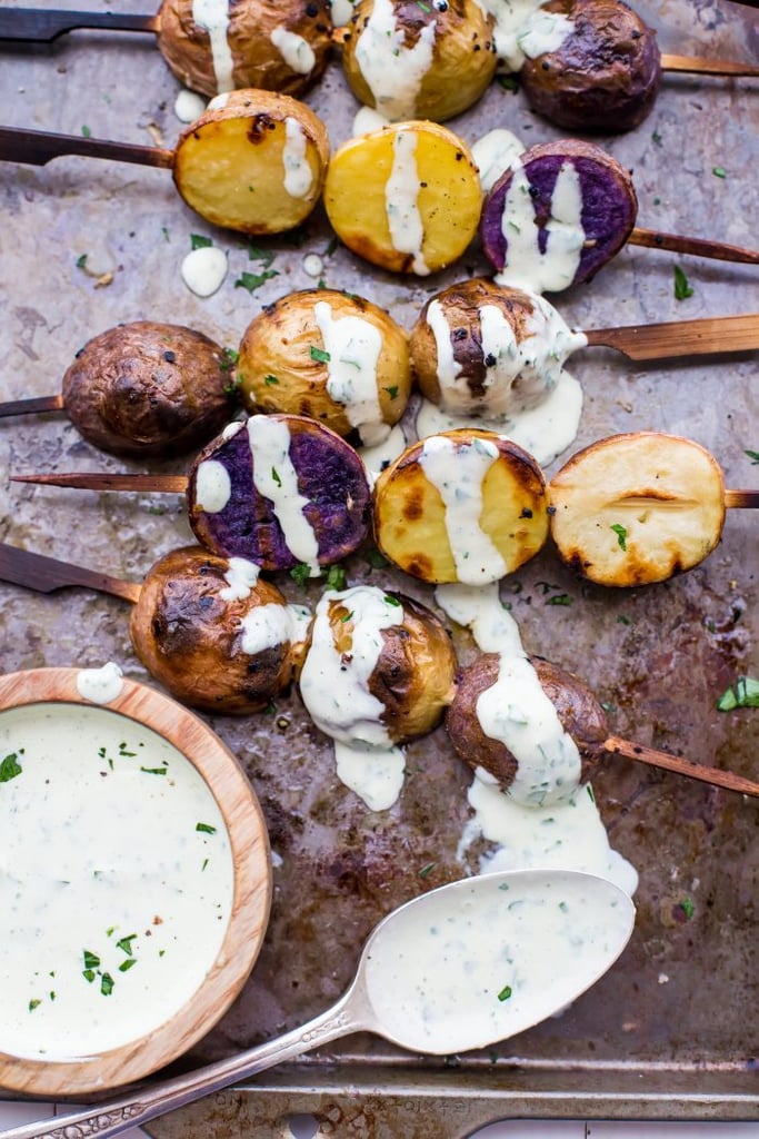 Grilled Red, White, and Blue Potato Skewers With Ranch Dressing