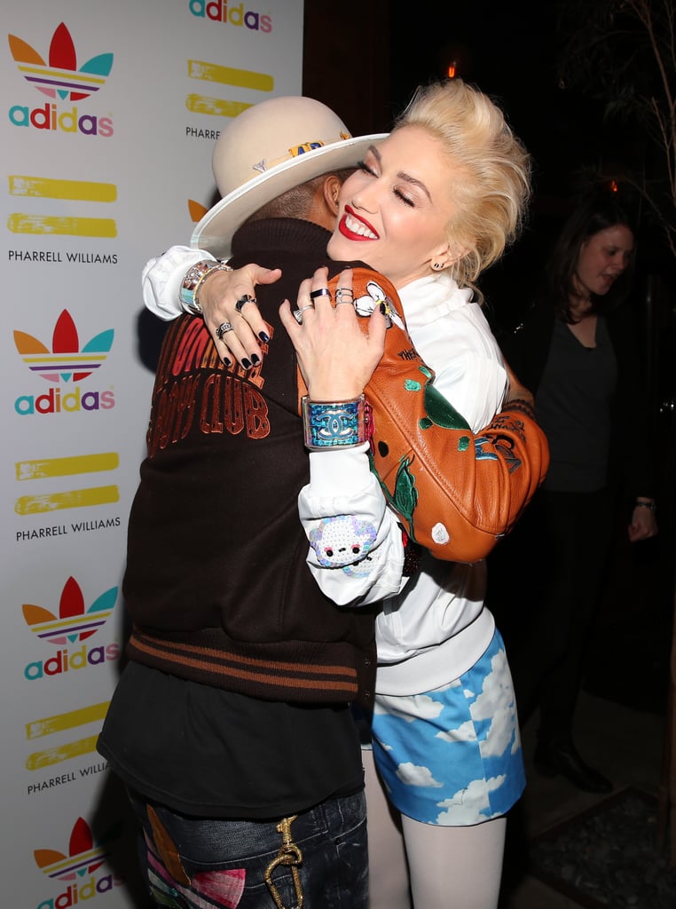 Gwen Stefani and Pharrell Williams shared a hug at an event for his collaboration with Adidas in LA on Wednesday.