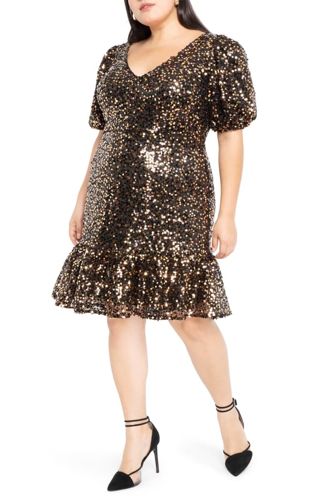 ELOQUII Sequin Puff Sleeve Fit & Flare Dress