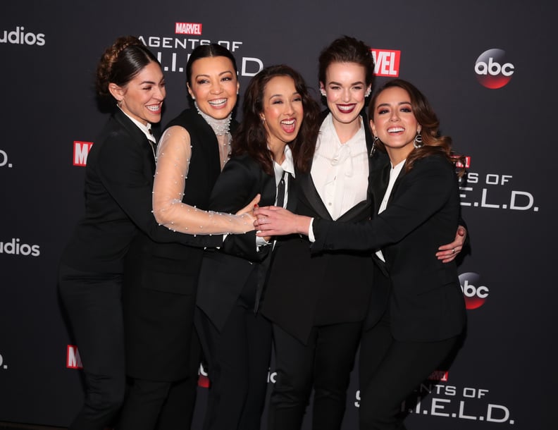 HOLLYWOOD, CA - FEBRUARY 24:  (L-R) Natalia Cordova-Buckley, Ming-Na Wen, Maurissa Tancharoen, Elizabeth Henstridge and Chloe Bennet attend the 100th episode celebration of ABC's 