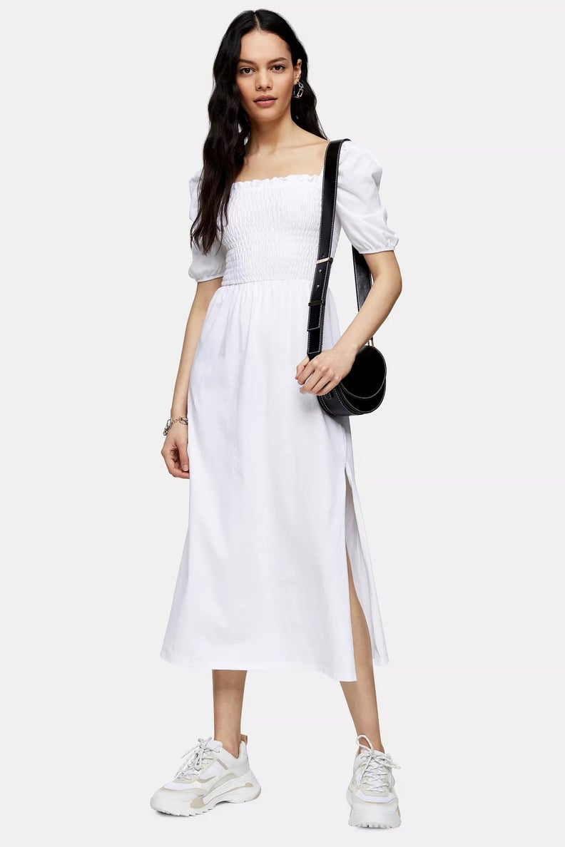 Topshop White Shirred Midi Dress