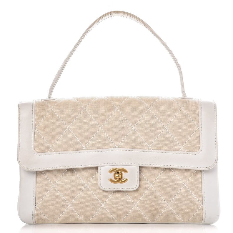 Chanel Lambskin Canvas Quilted Top Handle Flap Bag White