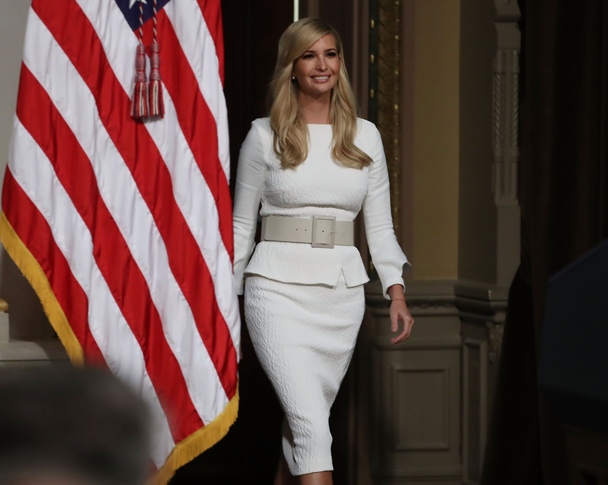 WASHINGTON, DC - OCTOBER 11: White House Senior Advisor Ivanka Trump walks into the annual meeting of President's Interagency Task Force (PITF) to Monitor and Combat Trafficking in Persons, at the Eisenhower Executive Office Building on October 11, 2018 in Washington, DC. This meeting of the PITF is the first held by the Trump Administration.  (Photo by Mark Wilson/Getty Images)