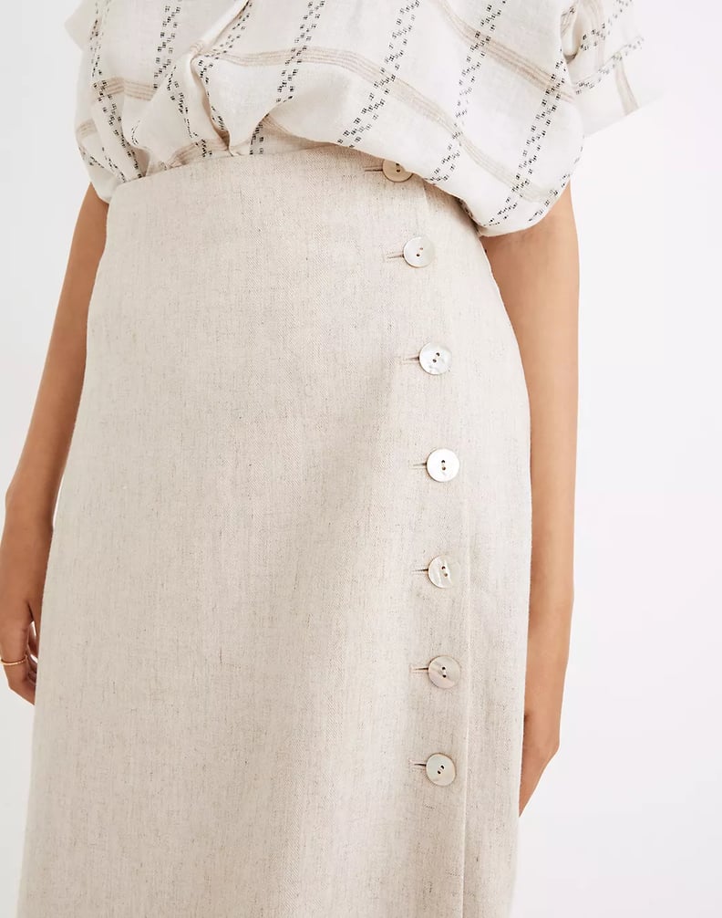 For Returning to the Office: Undyed Linen-Blend Side-Button Midi Skirt