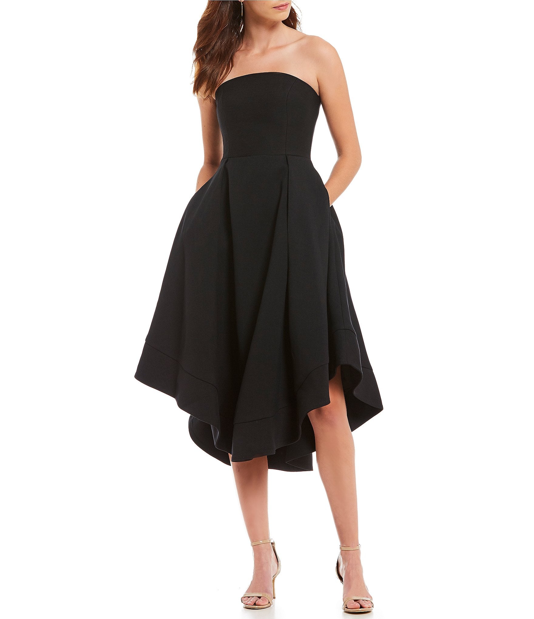 strapless fit and flare midi dress