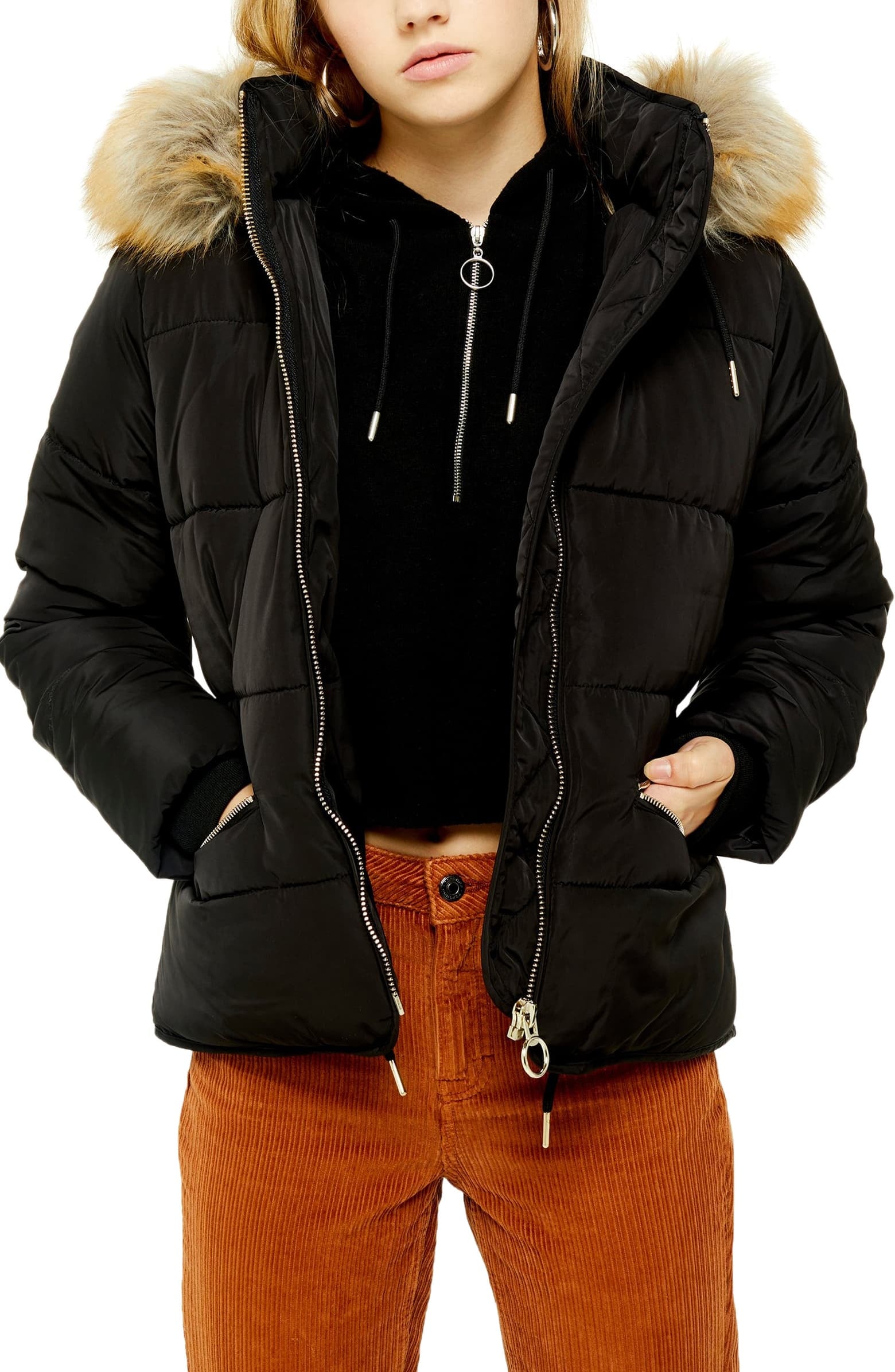 faux fur trim puffer jacket