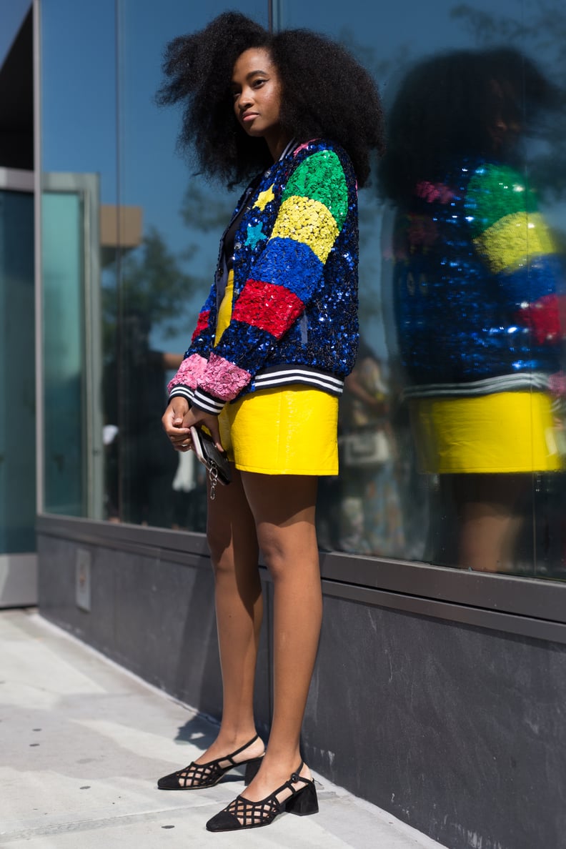 Style a Mustard Yellow Dress With a Colorful Bomber Jacket