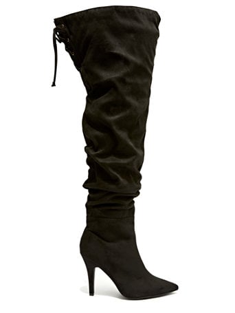 Fashion to Figure x Nadia Aboulhosn Stacked Black Ruched Thigh-High Boots