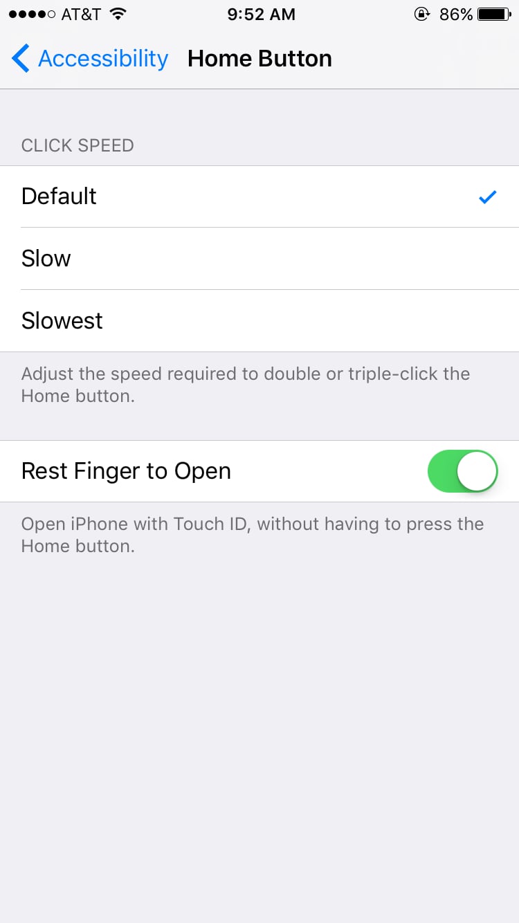 Swipe right to turn on the "Rest Finger to Open" option.