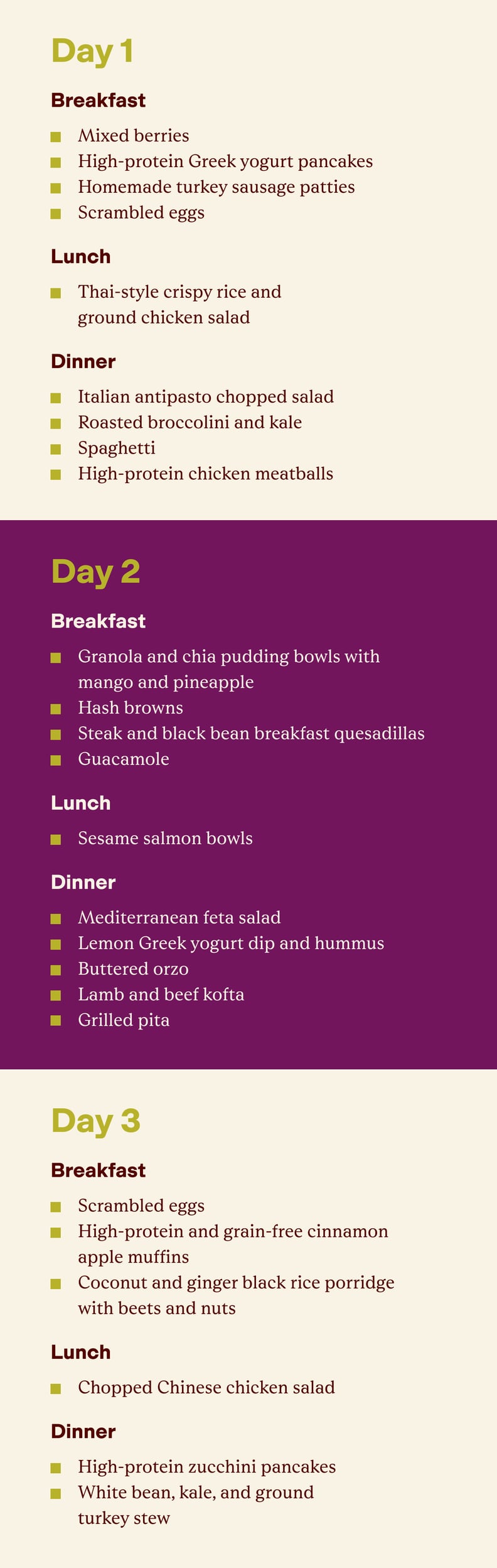 private chef's sample menu for athletes