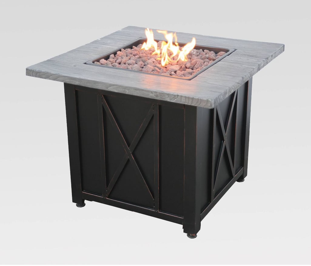30" Outdoor Patio Gas Fire Pit with Wood Look Resin Mantel Gray
