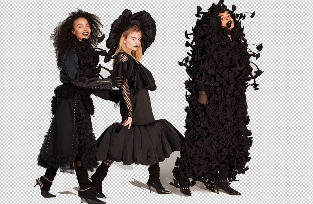 Whitney wears Noir Kei Ninomiya, Cornelia James gloves, stylist's socks, and Kalda mules. Emily wears a Loewe dress with a fishnet catsuit and taffeta hat by Vaquera with Saint Laurent by Anthony Vaccarello pumps. Jordan wears a Noir Kei Ninomiya dress with Cornelia James gloves and Abra sandals.